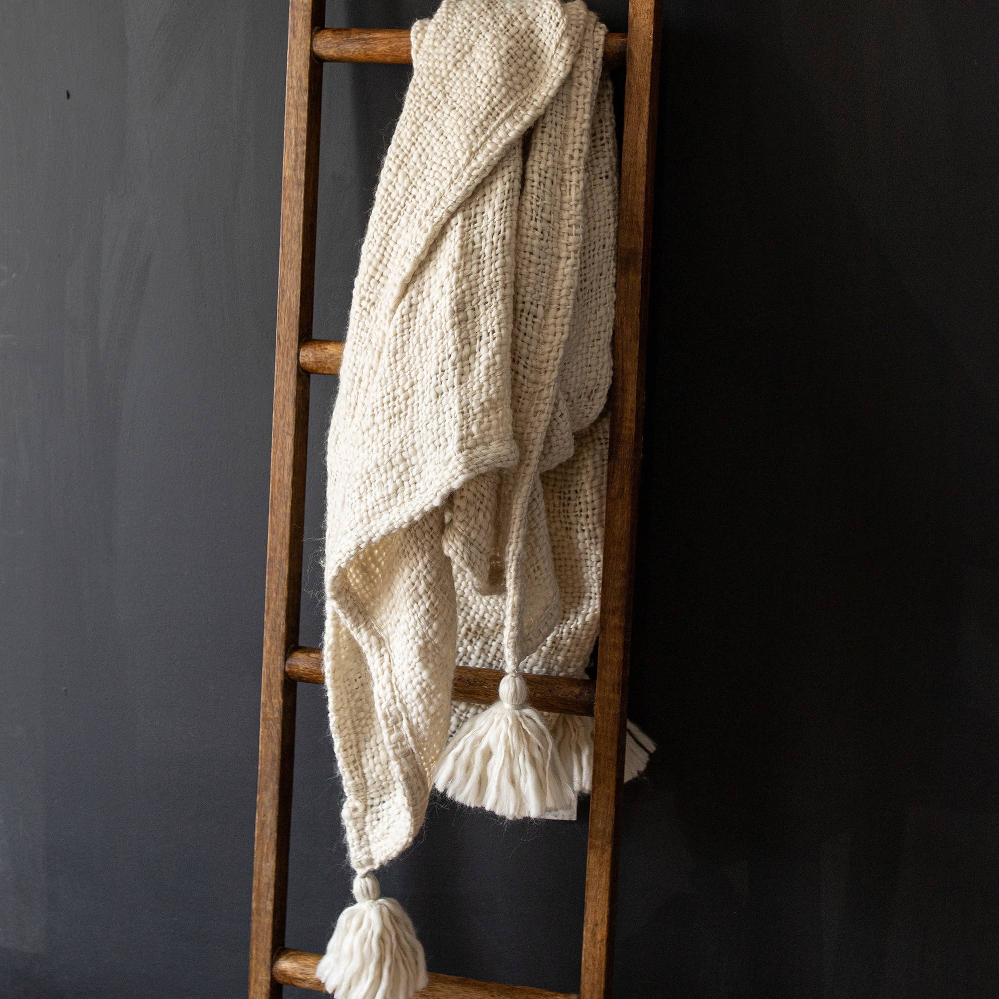 Hand Woven Tasseled Throw Blanket Cream