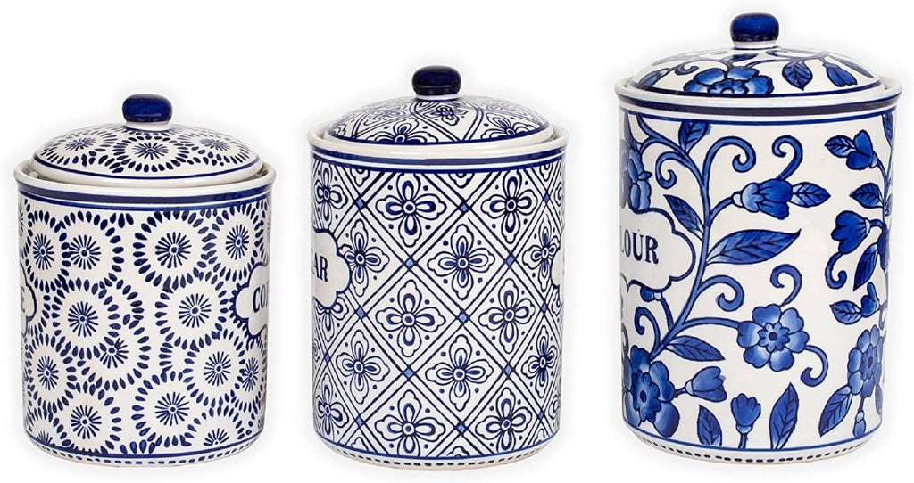Blue & White Flour Sugar Coffee Canister Set – 3 Piece