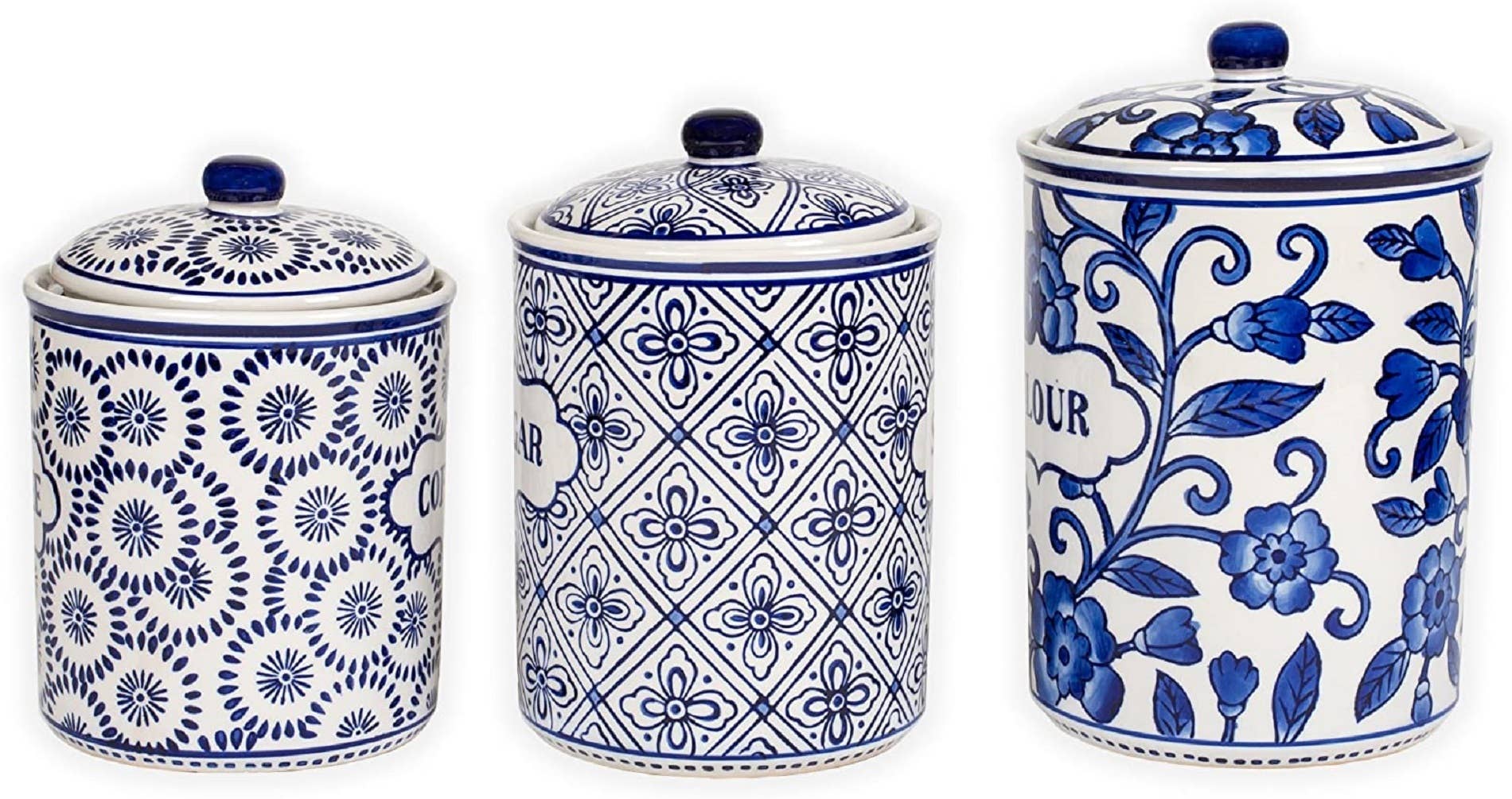 Blue & White Flour Sugar Coffee Canister Set – 3 Piece