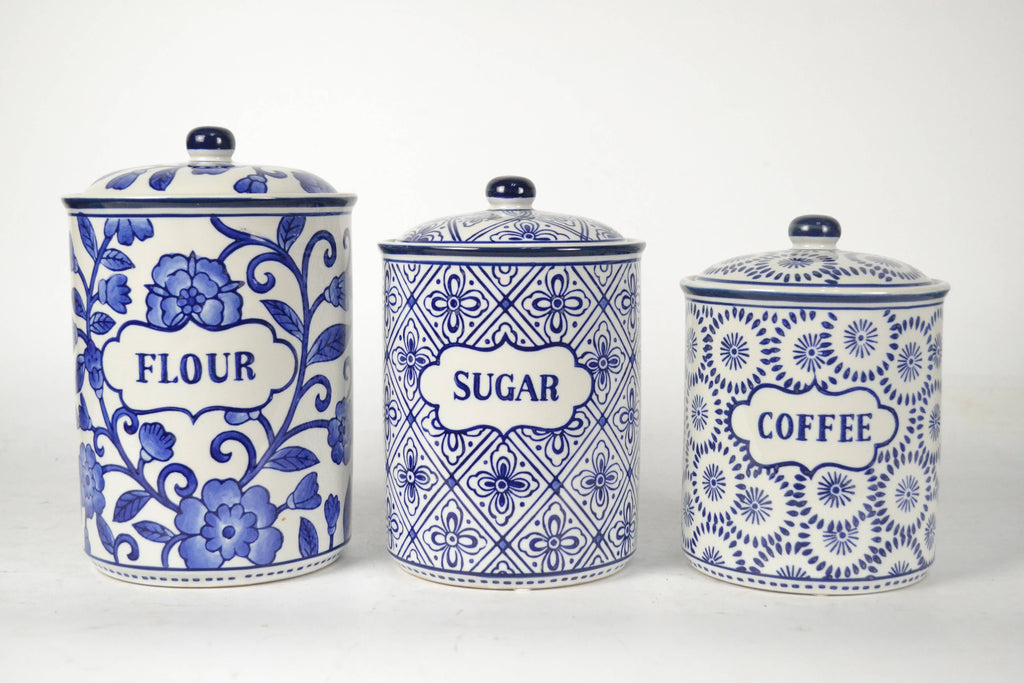 Blue & White Flour Sugar Coffee Canister Set – 3 Piece