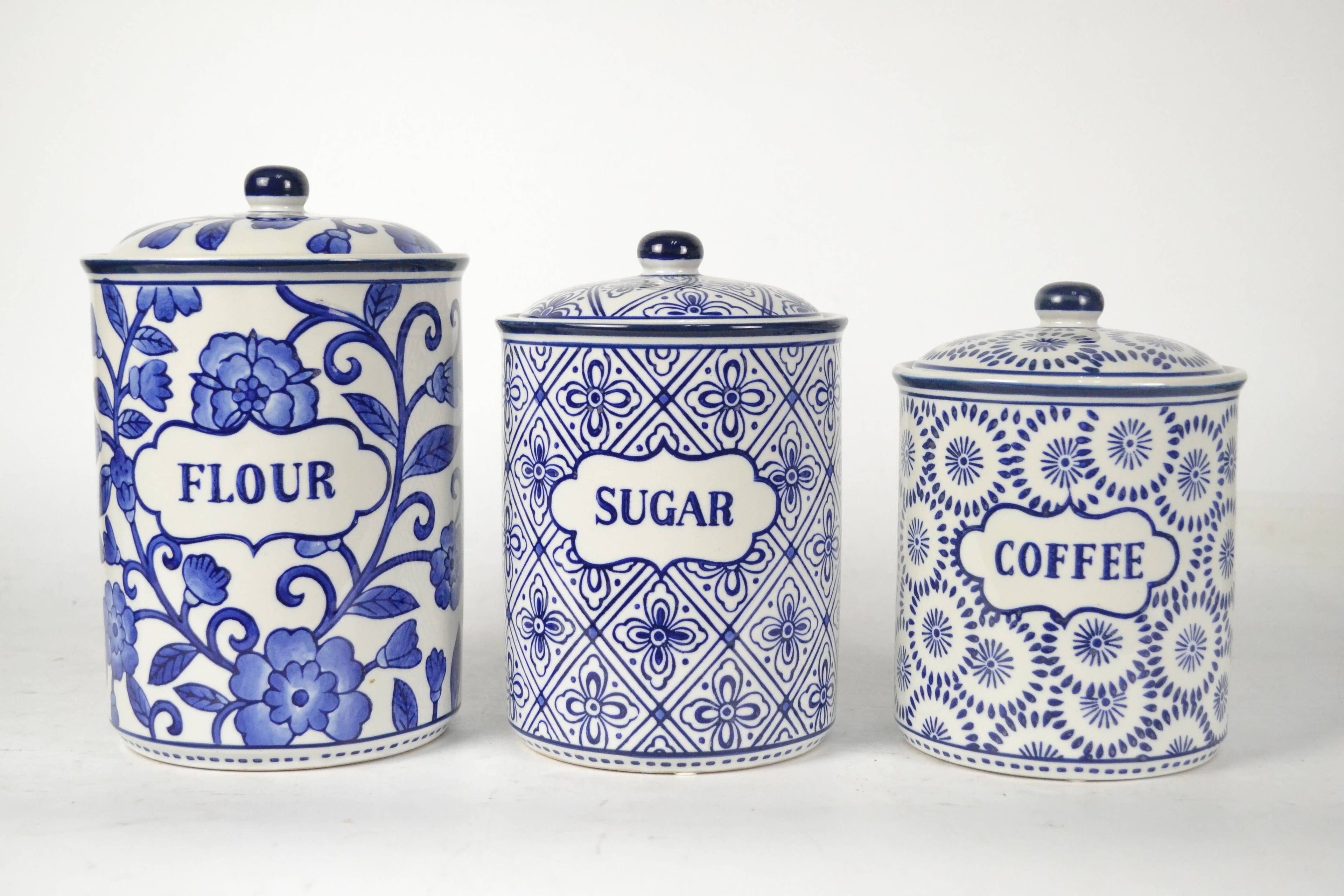 Blue & White Flour Sugar Coffee Canister Set – 3 Piece