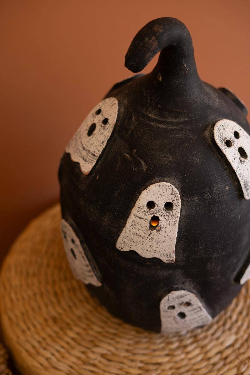 Black Clay Ghost Pumpkin Luminary | 14"