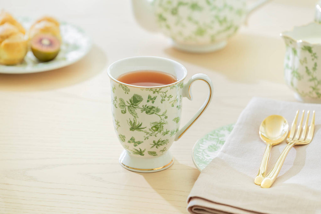 Green Botanical Footed Porcelain Mug