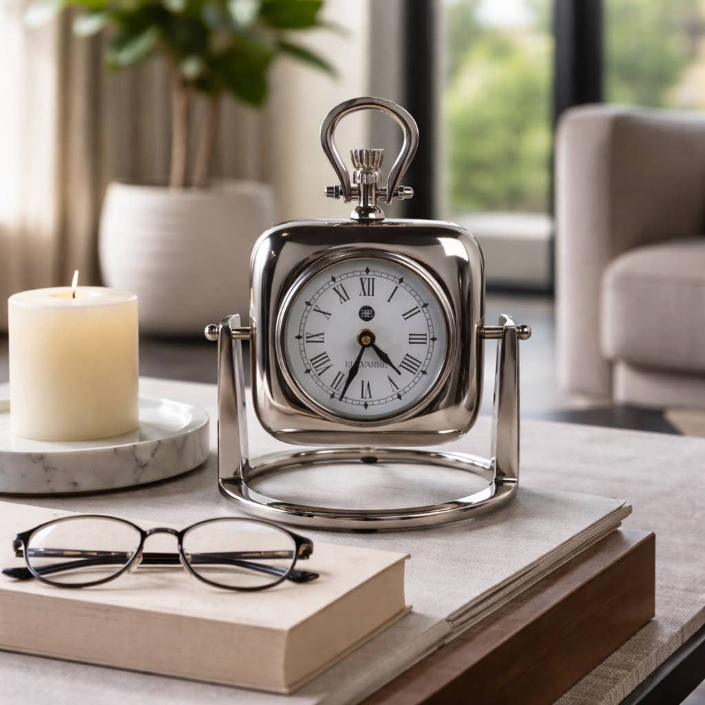Silver Table Clock with Glass Face, 9 in.
