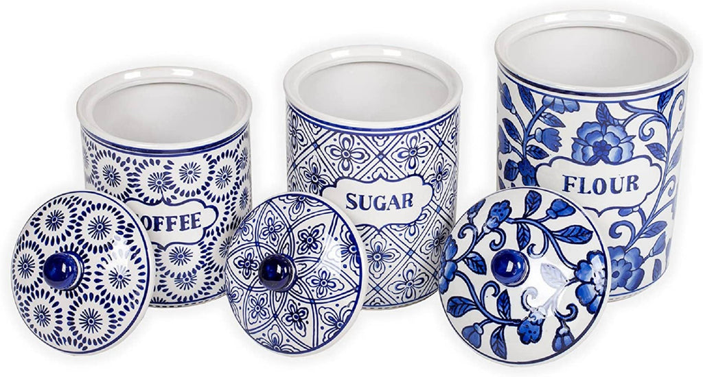 Blue & White Flour Sugar Coffee Canister Set – 3 Piece
