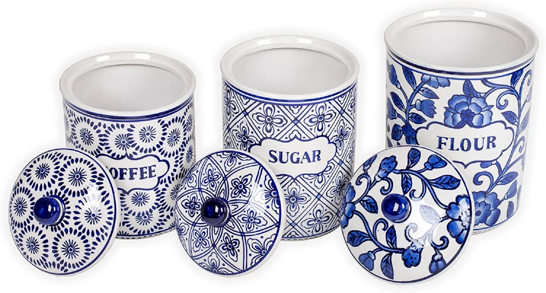 Blue & White Flour Sugar Coffee Canister Set – 3 Piece