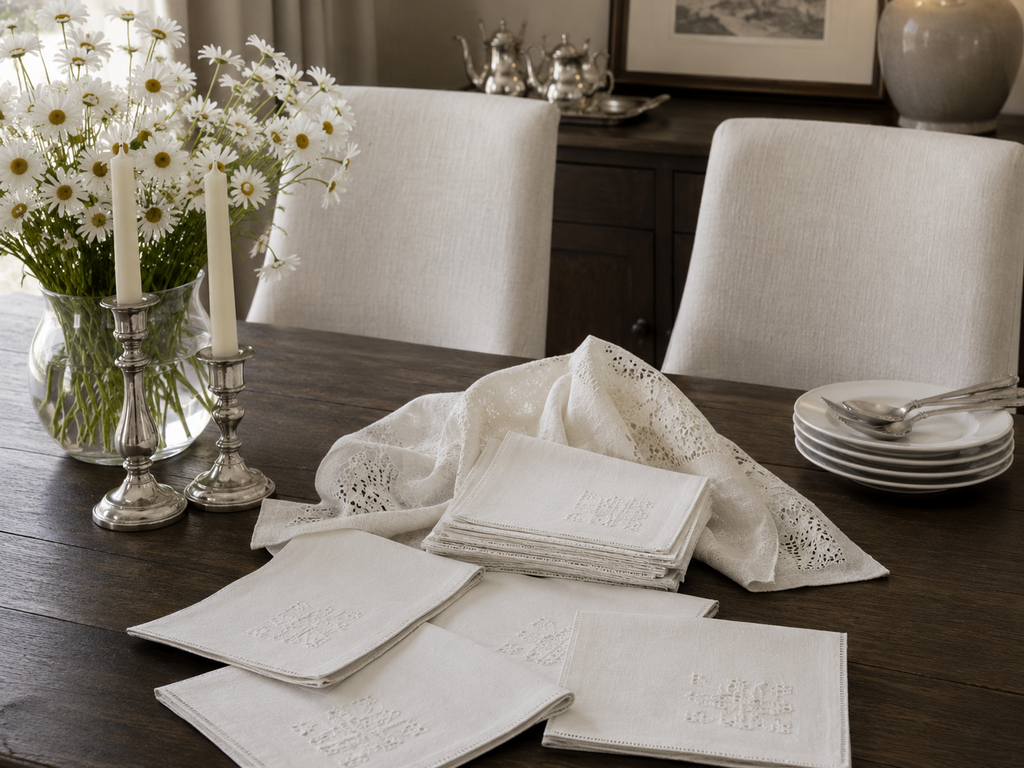 Antique Linen Napkins with Cutwork Embroidery — Set of 10