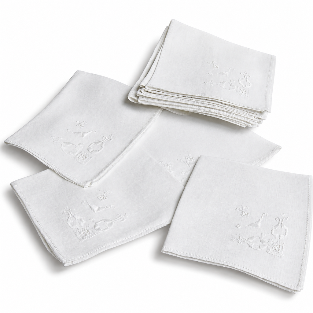 Antique Linen Napkins with Cutwork Embroidery — Set of 10
