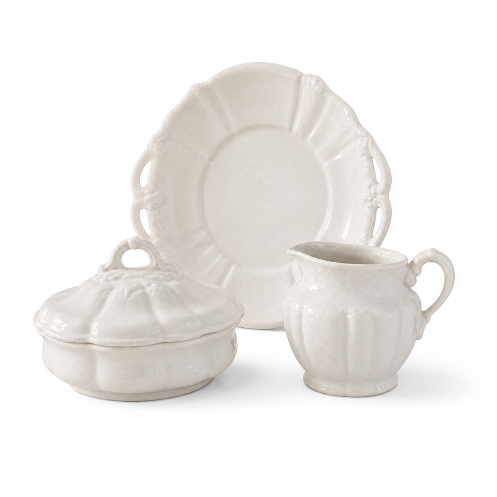 Antique White Ironstone Bath Set With Lidded Dish, Shaving Mug & Tray