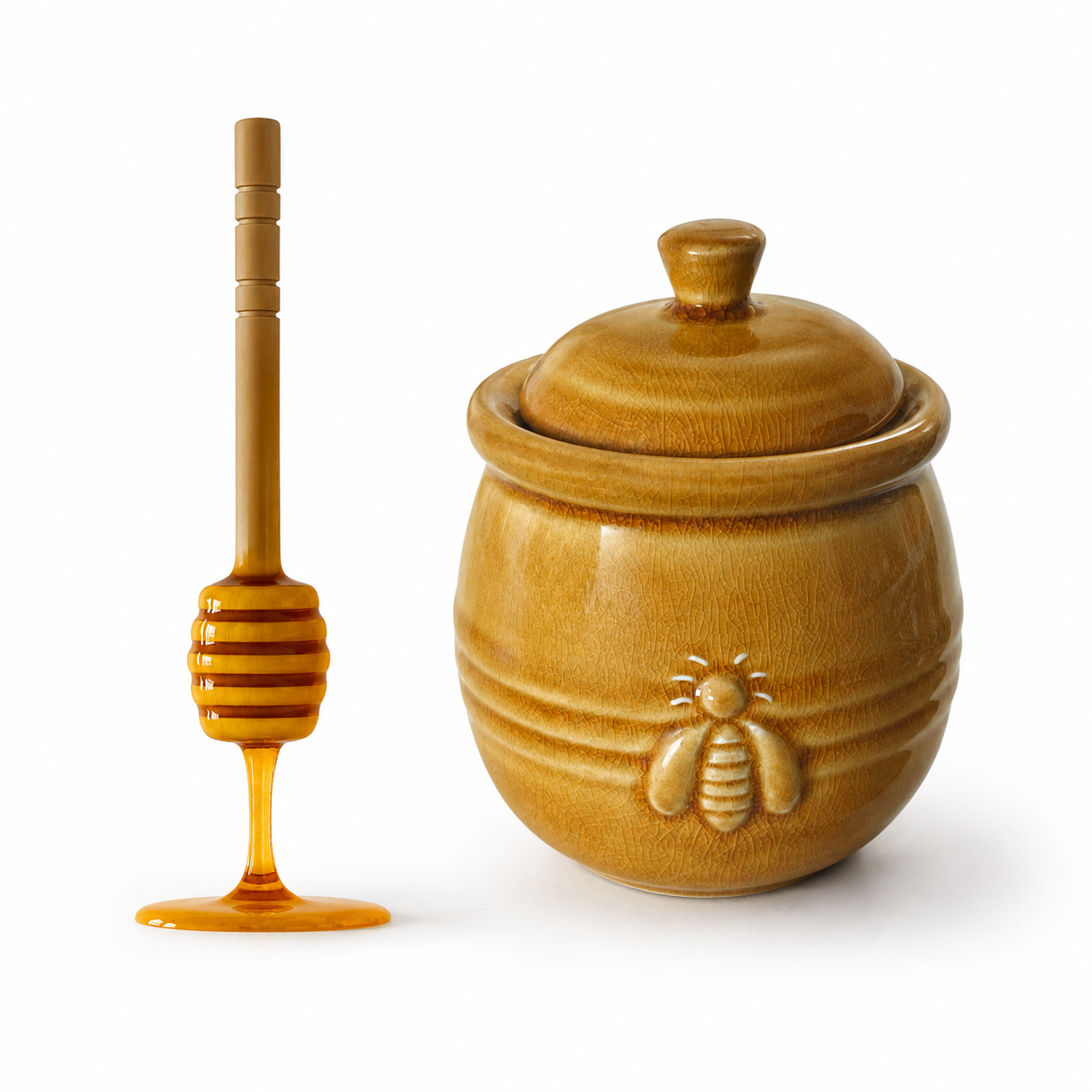 Ceramic Bee Honey Jar with Wooden Dipper