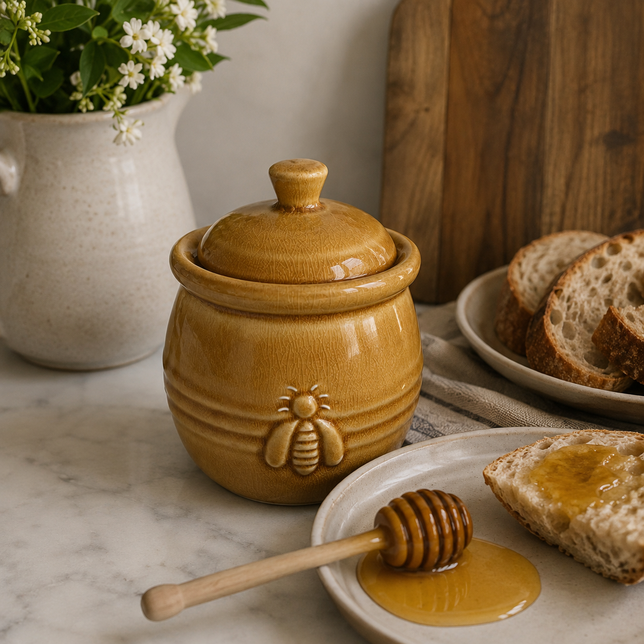 Ceramic Bee Honey Jar with Wooden Dipper