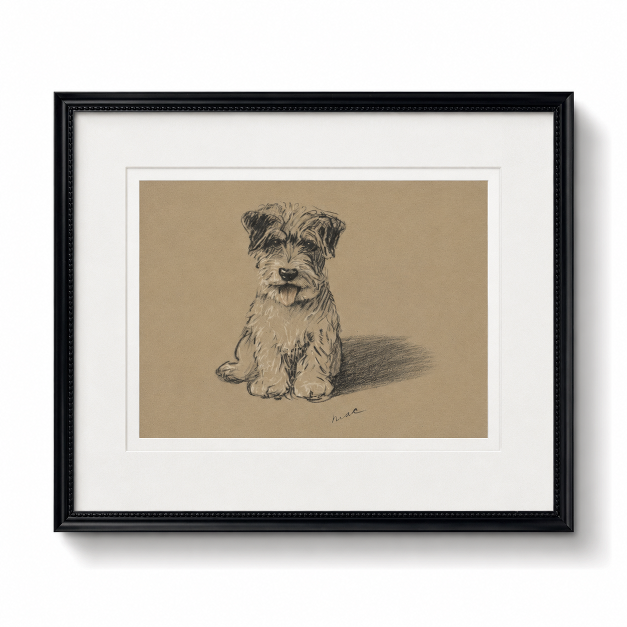 Dog Sketch R on Brown Background, Black Frame