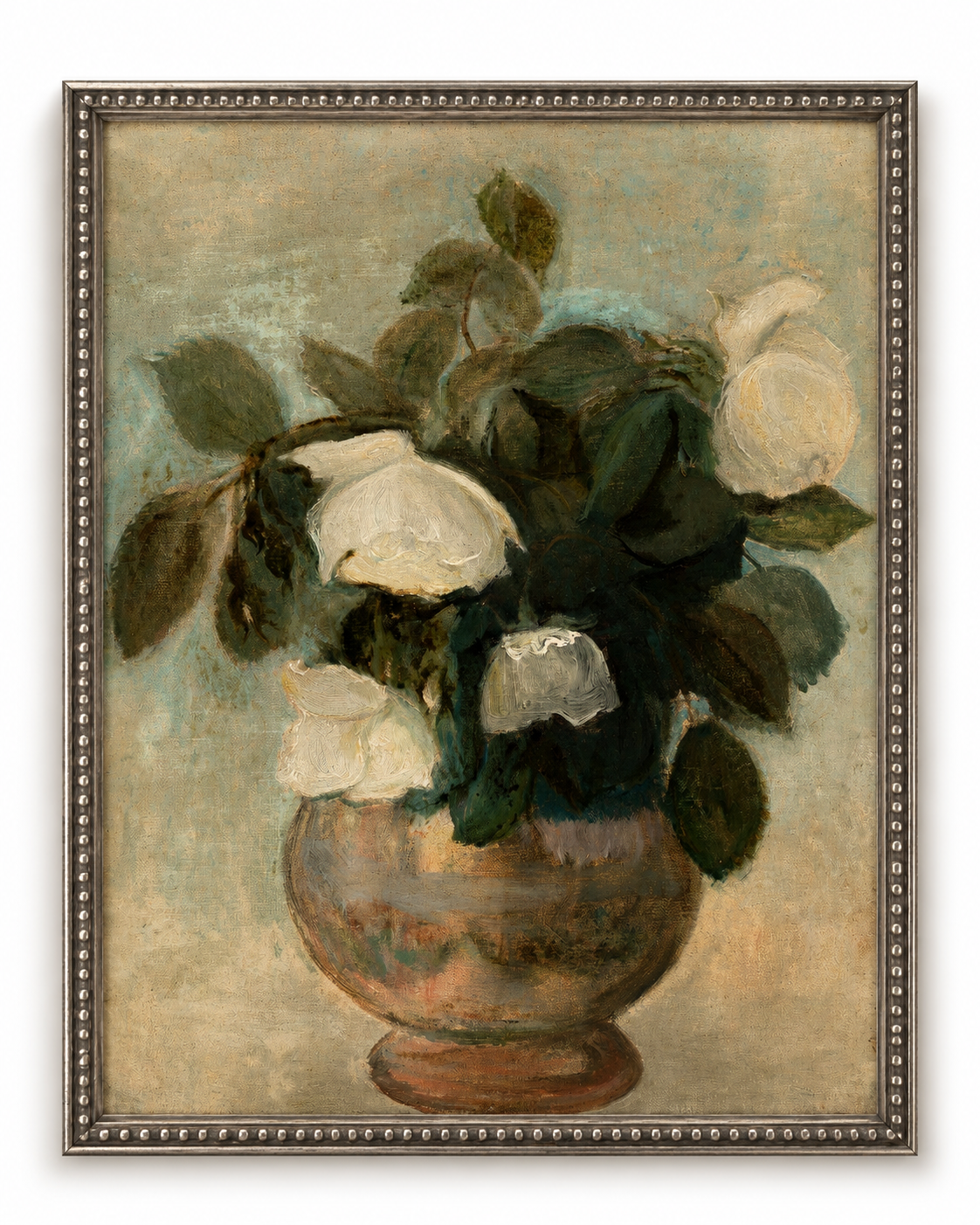 Framed Oil Painting Vintage White Roses