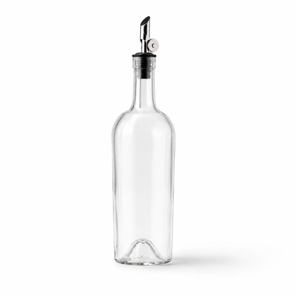 A clear glass bottle with a black stopper and a silver metal pour spout, shown on a clean white background.