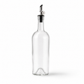 A clear glass bottle with a black stopper and a silver metal pour spout, shown on a clean white background.