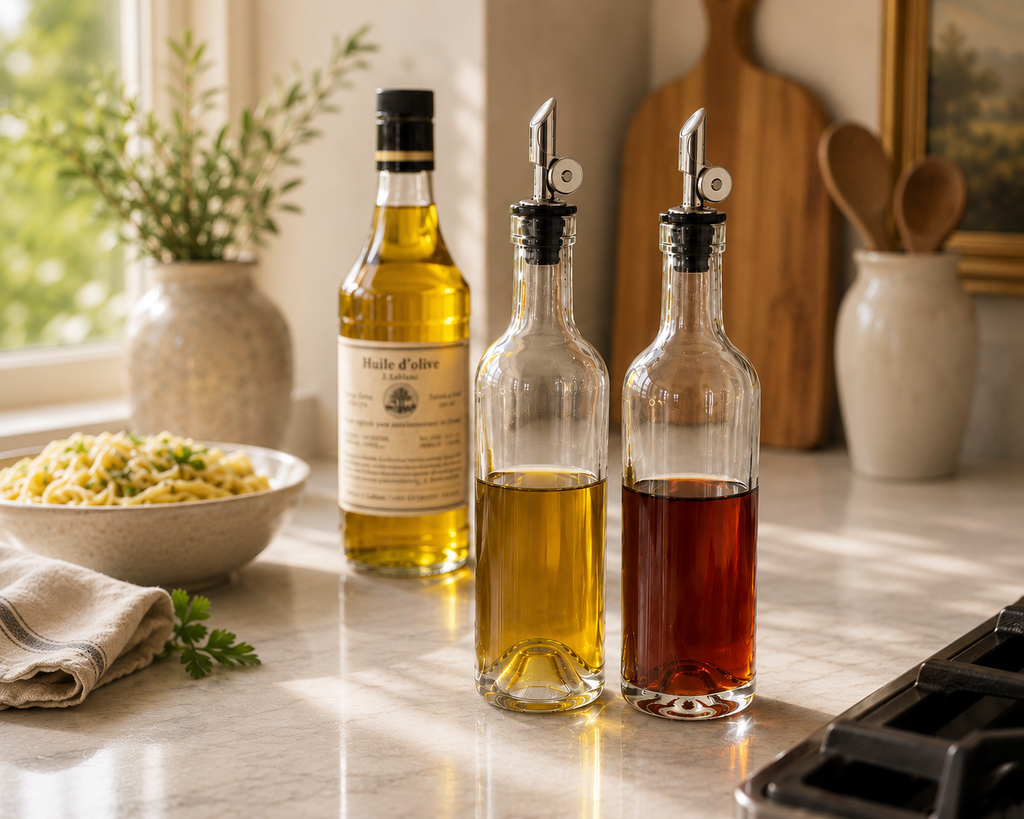 Two clear glass oil bottles with metal pour spouts sit on a kitchen counter beside a bowl of pasta and a bottle of olive oil. The scene is softly lit by natural light from a window, with wooden kitchen items and plants in the background.