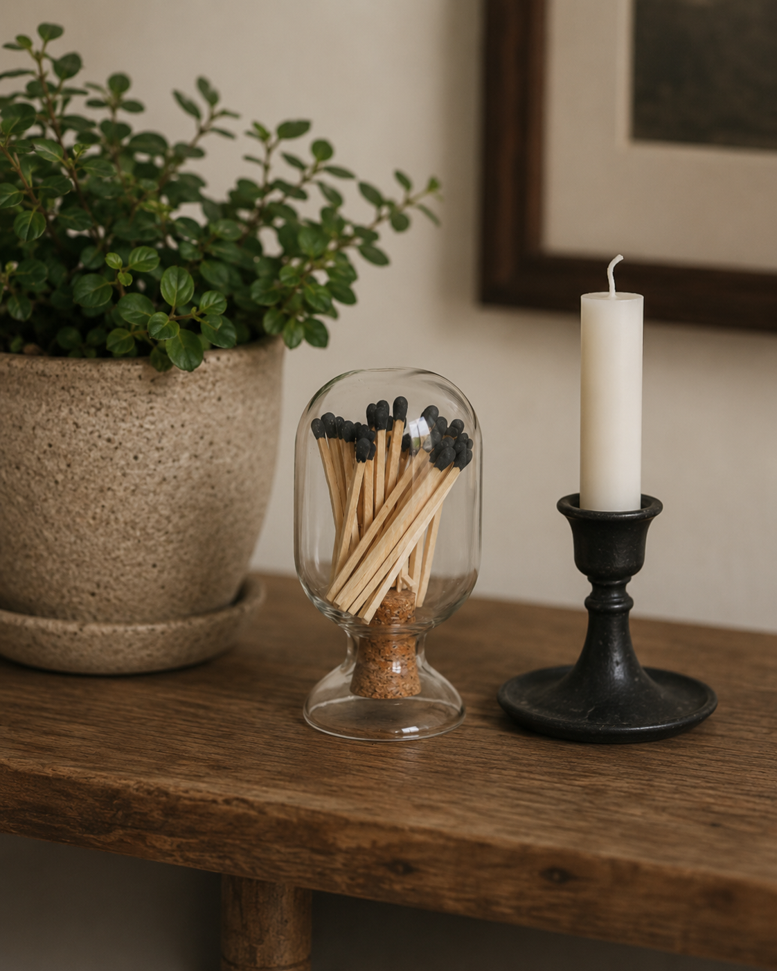 Glass Match Cloche with Black-Tipped Matches