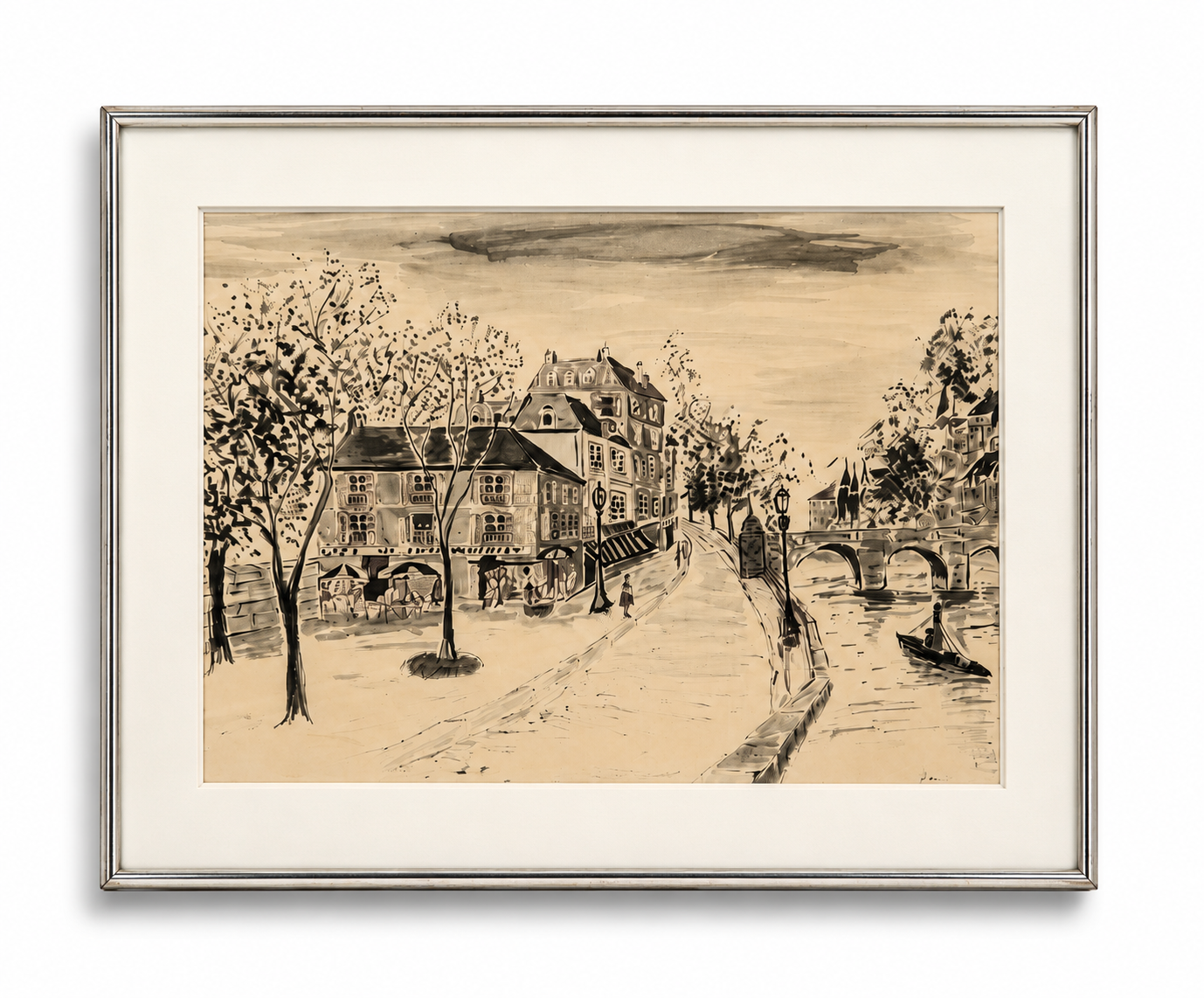 Large Original Vintage European Riverside Etching