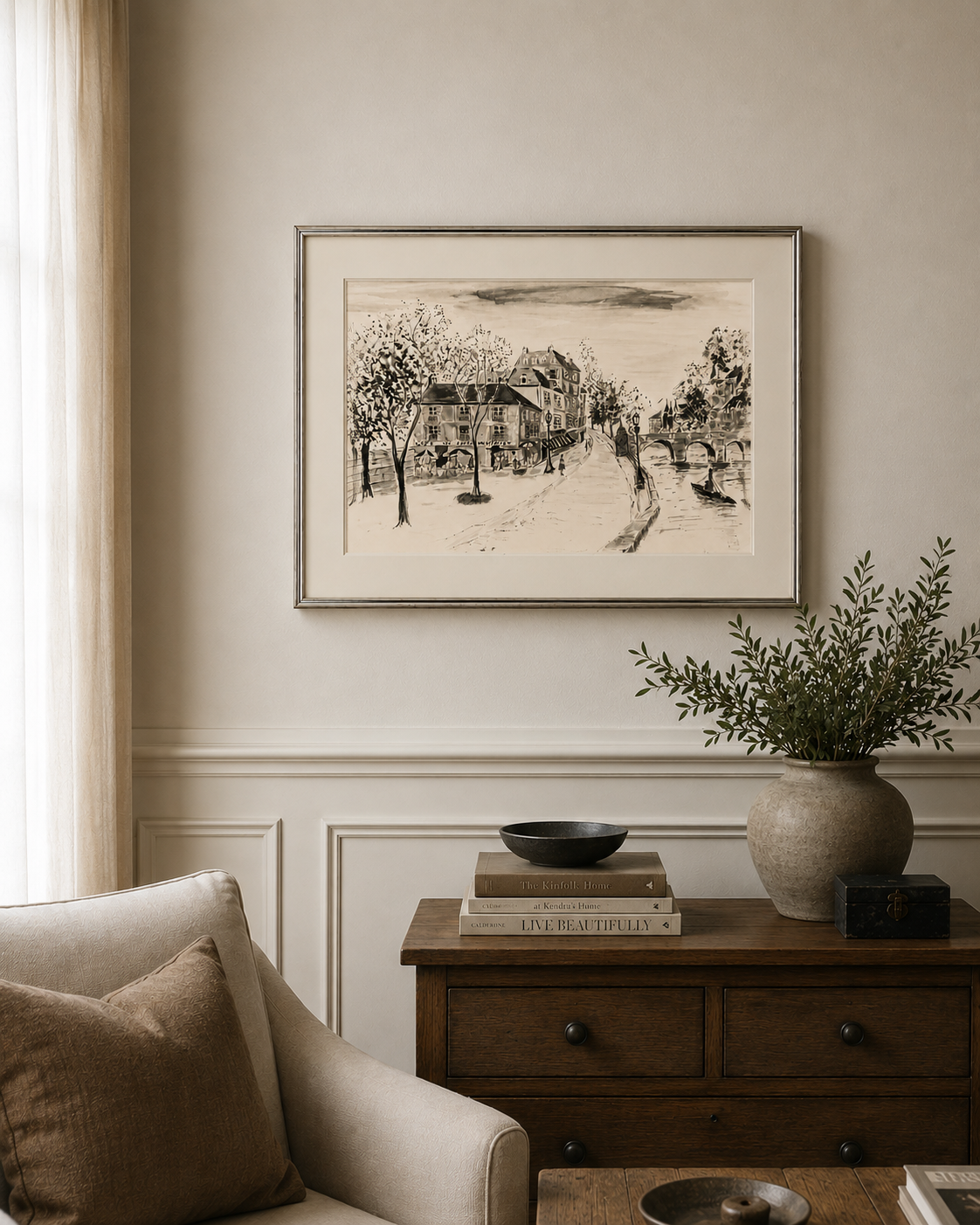 Large Original Vintage European Riverside Etching