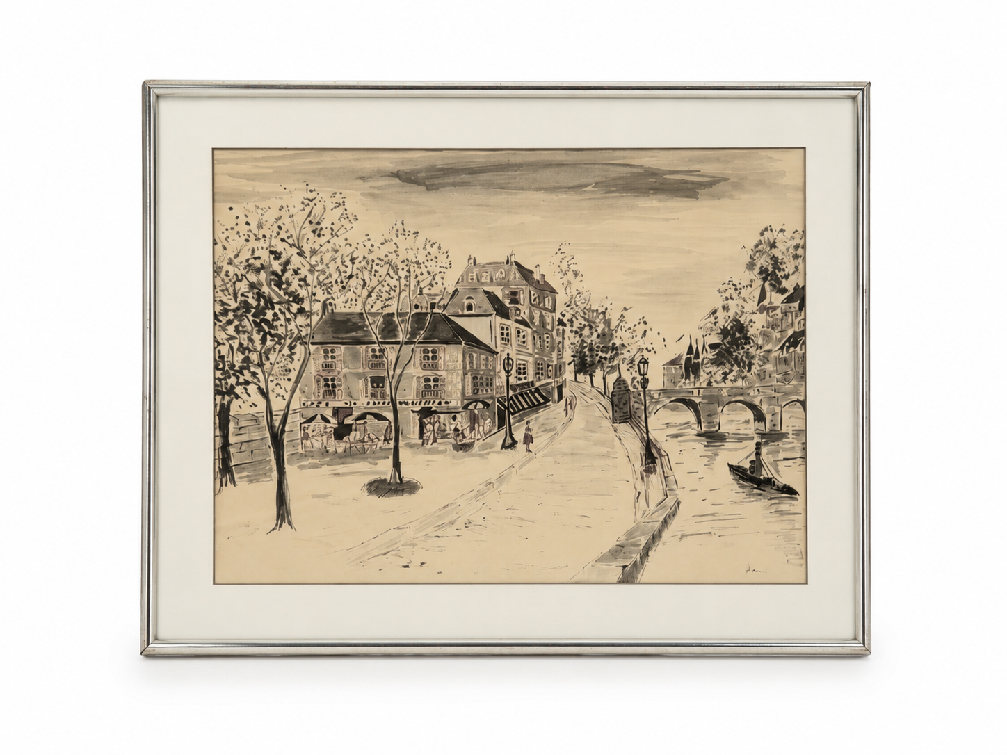 Large Original Vintage European Streetscape Etching