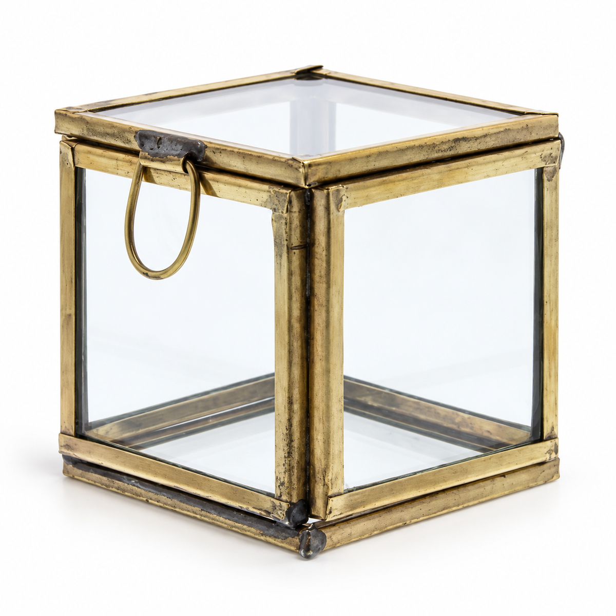 Petite Pierre Glass Keepsake Box | Antiqued Brass | 2"