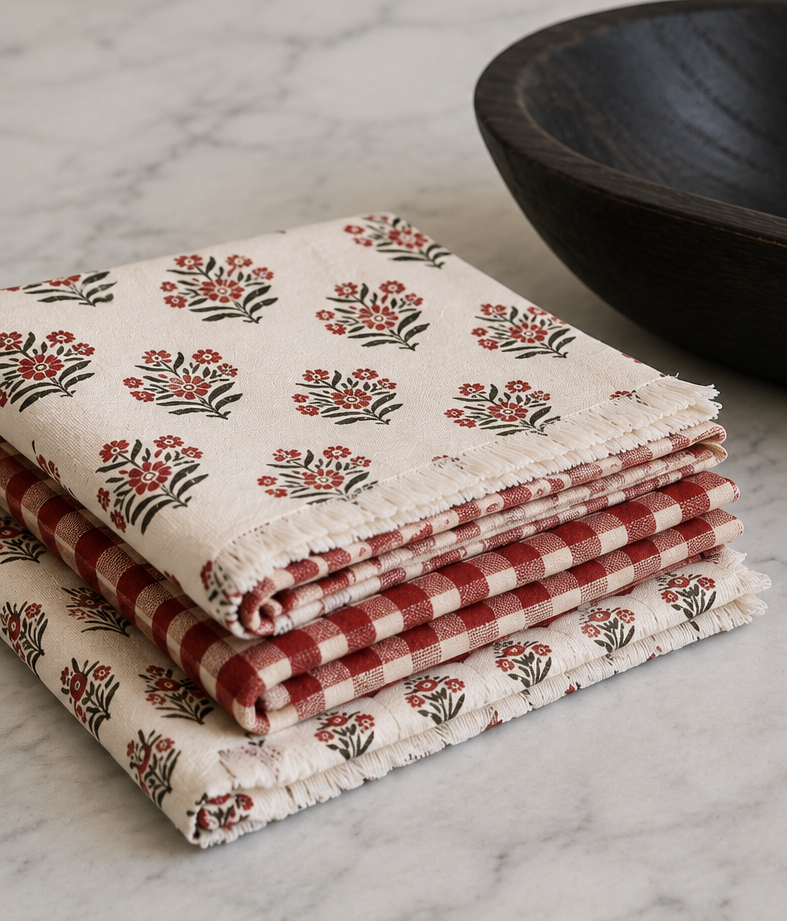 Red Block Print Tea Towels
