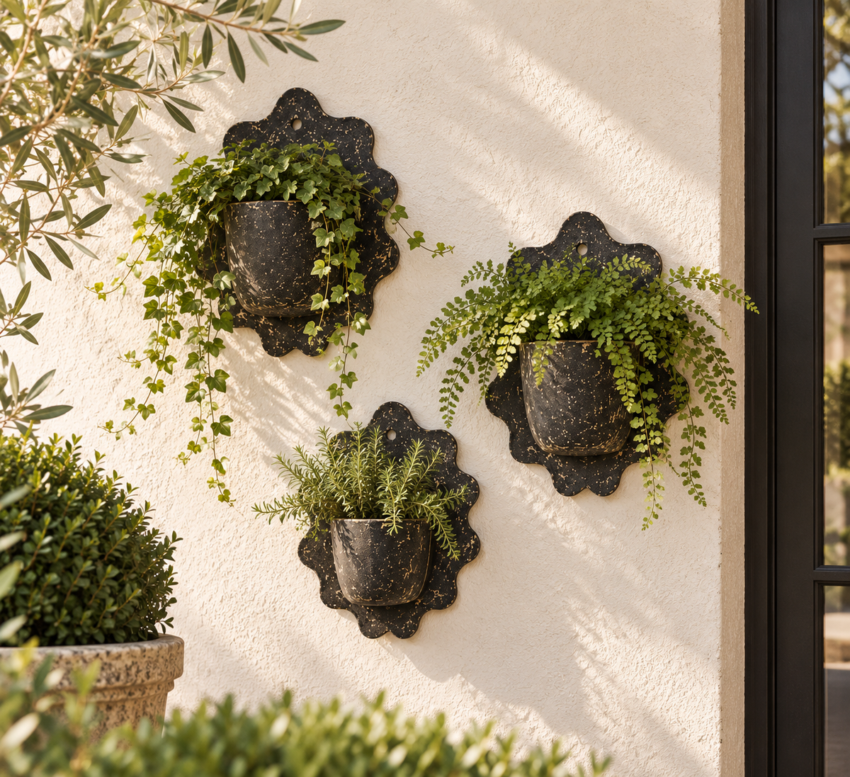 Weathered Charcoal Scalloped Wall Planters | Set of 3