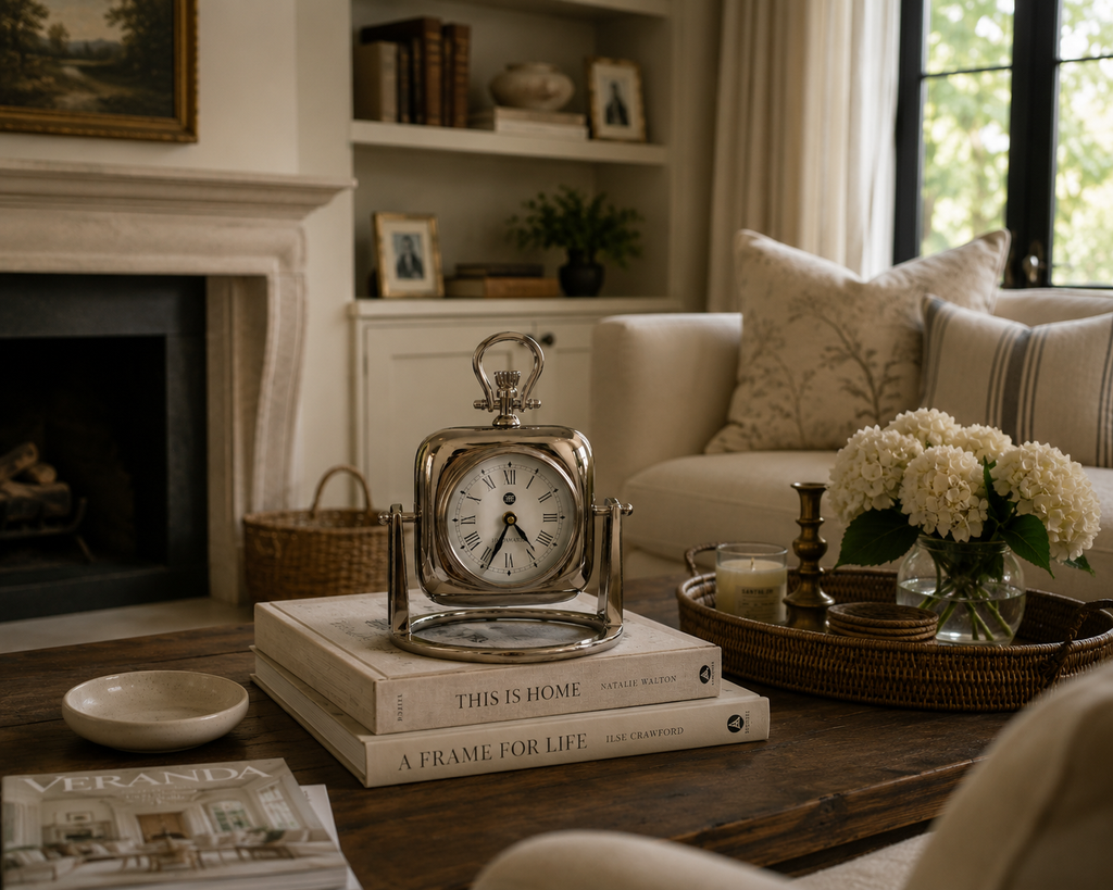 Silver Table Clock with Glass Face, 9 in.