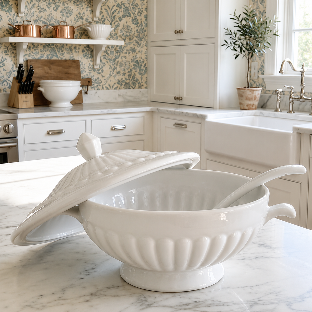 Large White Ironstone Soup Tureen with Lid & Laddle