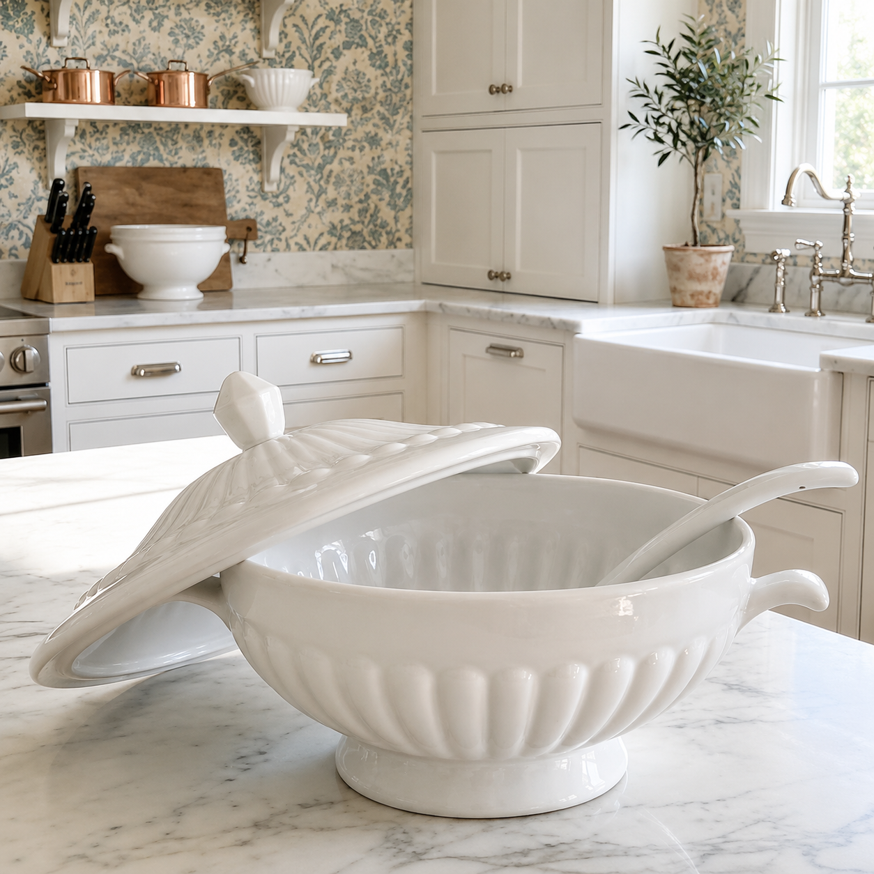 Large White Ironstone Soup Tureen with Lid & Laddle