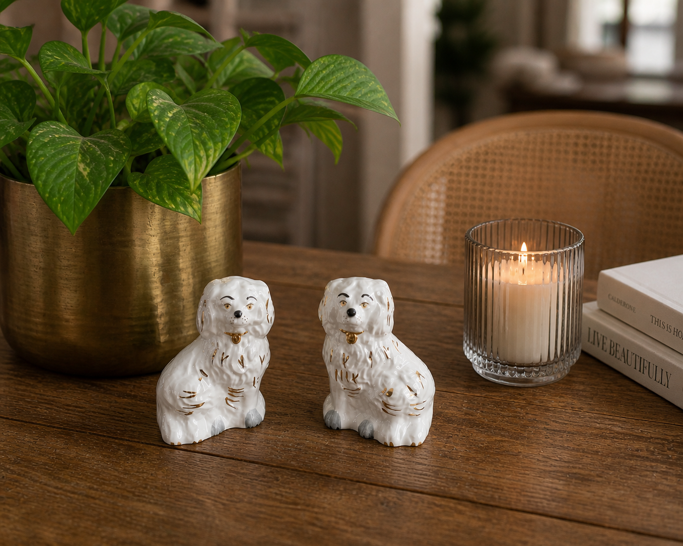 Vintage Beswick White Spaniel Pair — Gilt Accents