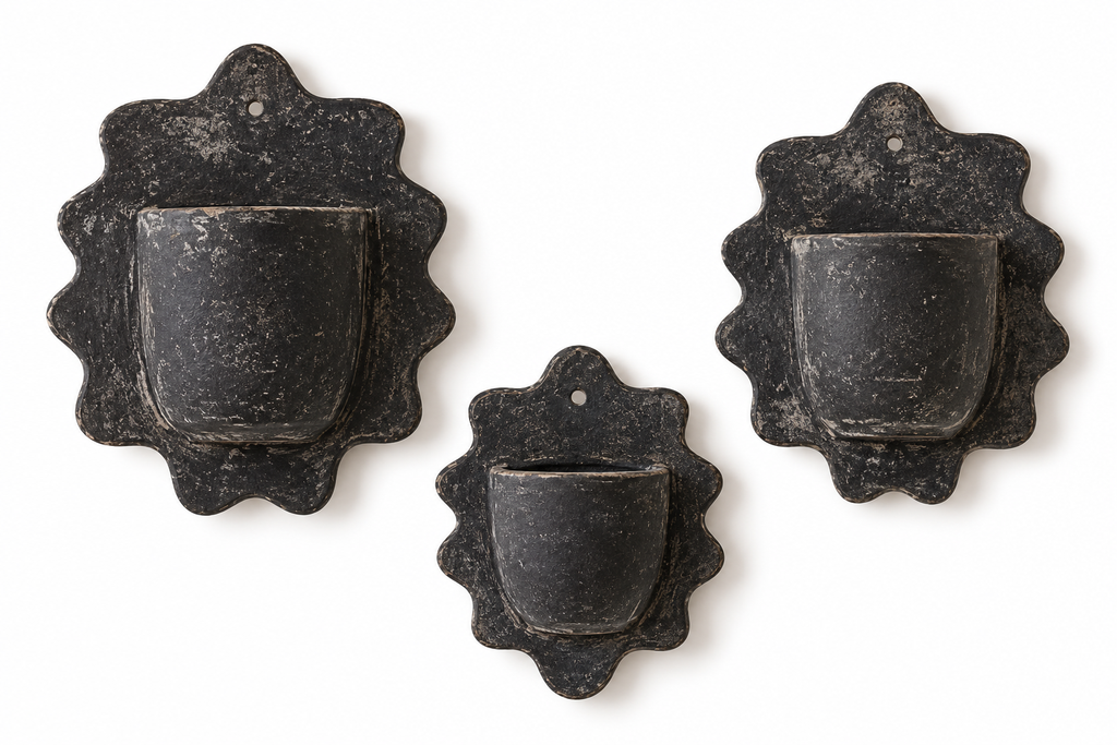Weathered Charcoal Scalloped Wall Planters | Set of 3