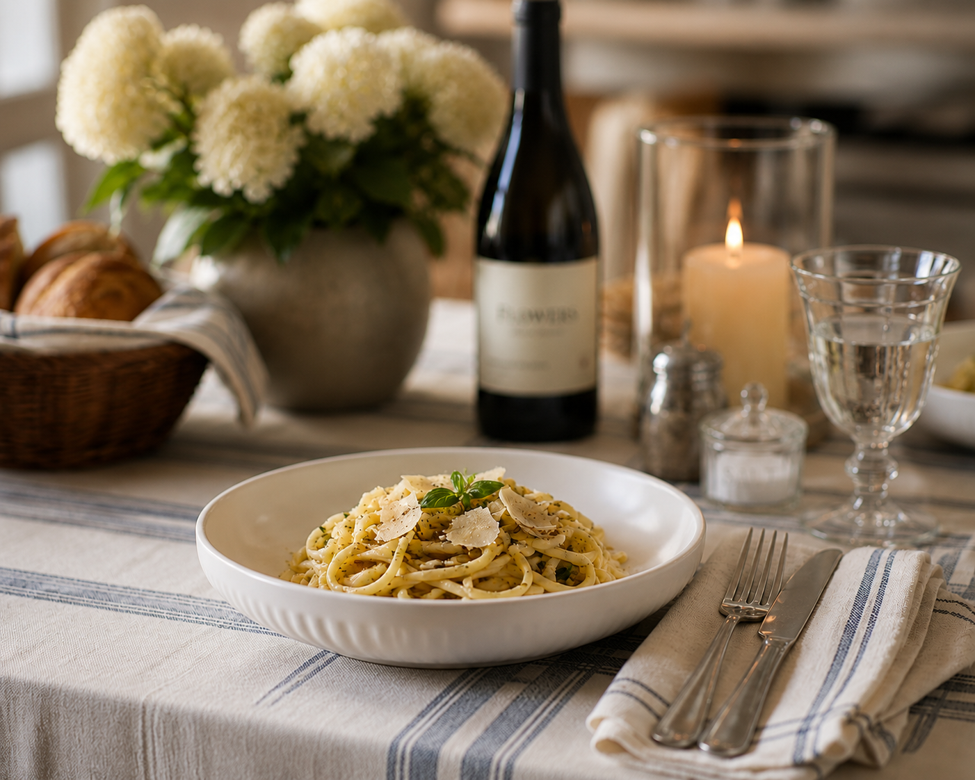 A bowl of pasta with mushrooms and parsley on a dining table, surrounded by a wine bottle, flowers, a candle, and cutlery in a softly lit indoor setting.