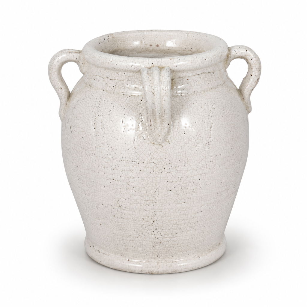 White Terracotta Crackle Amphora Vase with Handles