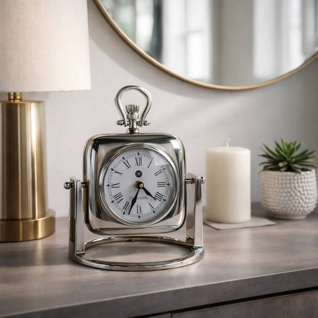 Silver Table Clock with Glass Face, 9 in.