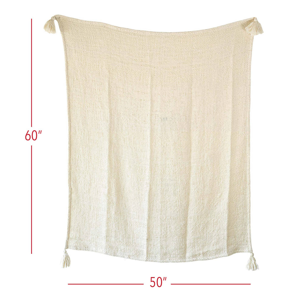 Hand Woven Tasseled Throw Blanket Cream