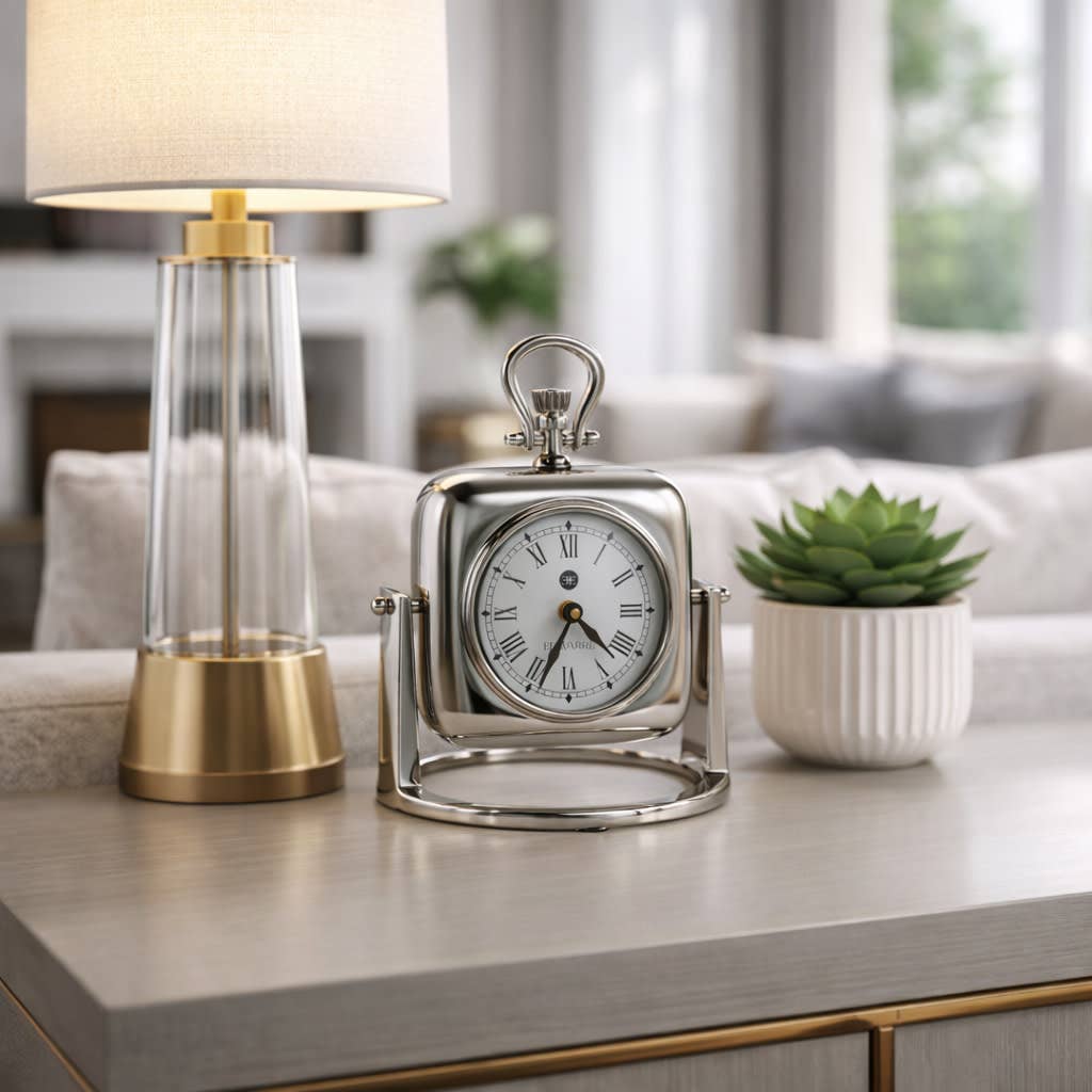 Silver Table Clock with Glass Face, 9 in.
